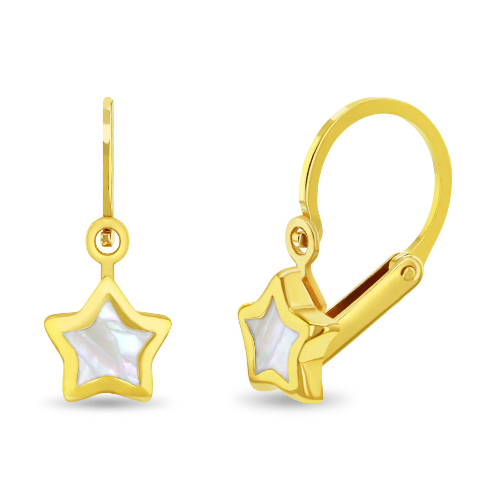 14k Gold Mother of Pearl Star Kids / Children's / Girls Earrings Lever Back