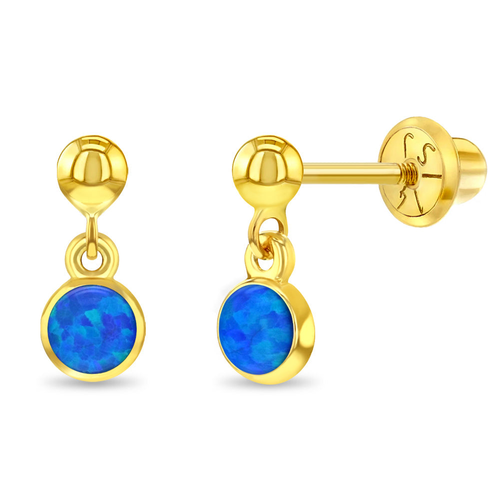14k Gold Opal Dangle Kids / Children's / Girls Earrings Safety Screw Back