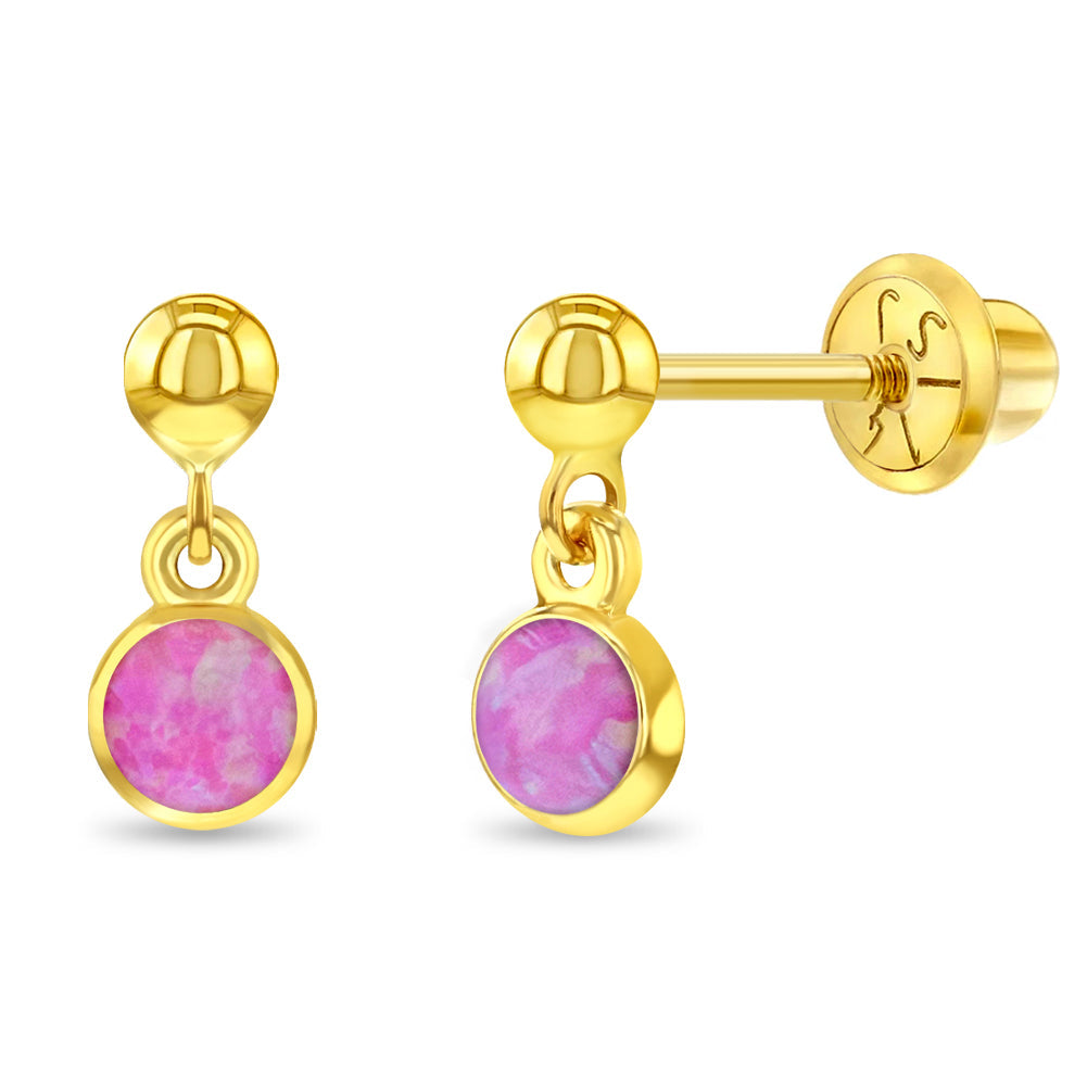 14k Gold Opal Dangle Kids / Children's / Girls Earrings Safety Screw Back