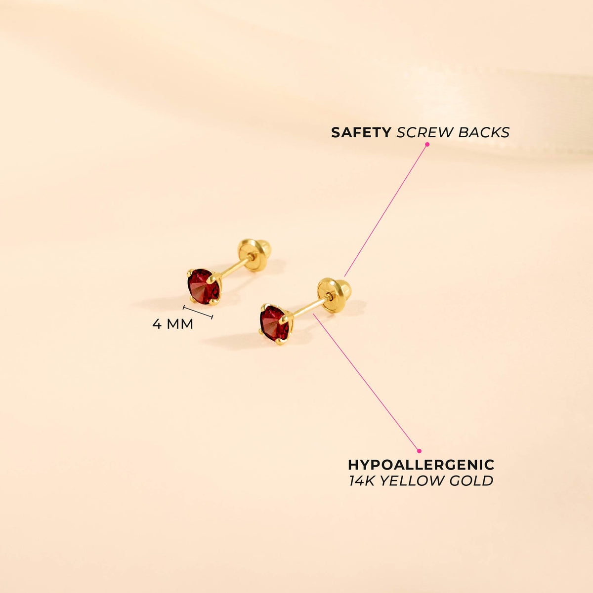 14k Gold 4 Prong Simulated Baby / Toddler / Kids Earrings Safety Screw Back