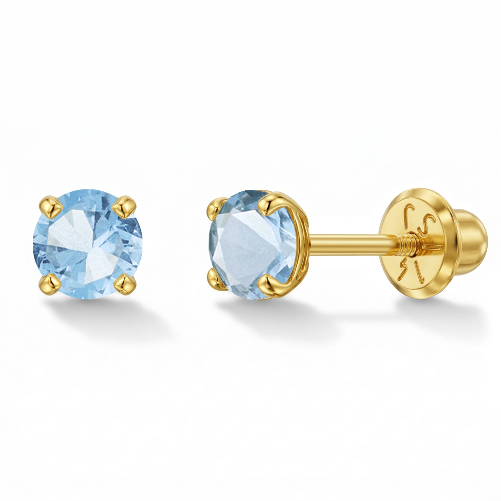 14k Gold 4 Prong Simulated Baby / Toddler / Kids Earrings Safety Screw Back