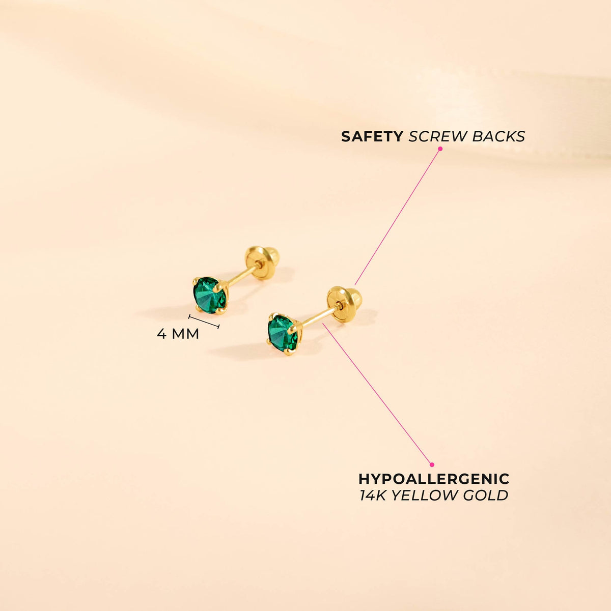 14k Gold 4 Prong Simulated Baby / Toddler / Kids Earrings Safety Screw Back