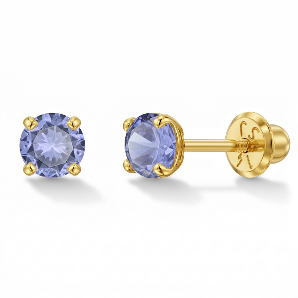 14k Gold 4 Prong Simulated Baby / Toddler / Kids Earrings Safety Screw Back