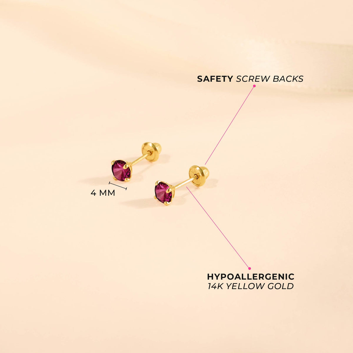 14k Gold 4 Prong Simulated Baby / Toddler / Kids Earrings Safety Screw Back