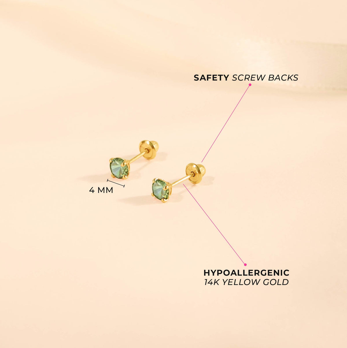 14k Gold 4 Prong Simulated Baby / Toddler / Kids Earrings Safety Screw Back