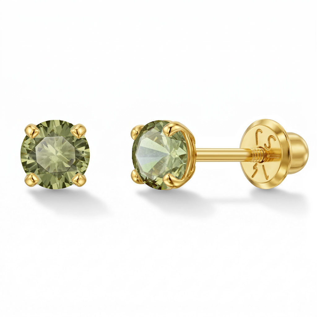 14k Gold 4 Prong Simulated Baby / Toddler / Kids Earrings Safety Screw Back
