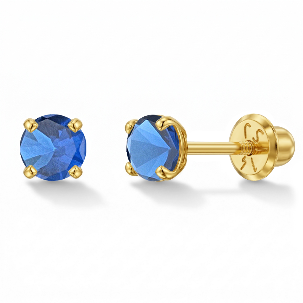 14k Gold 4 Prong Simulated Baby / Toddler / Kids Earrings Safety Screw Back