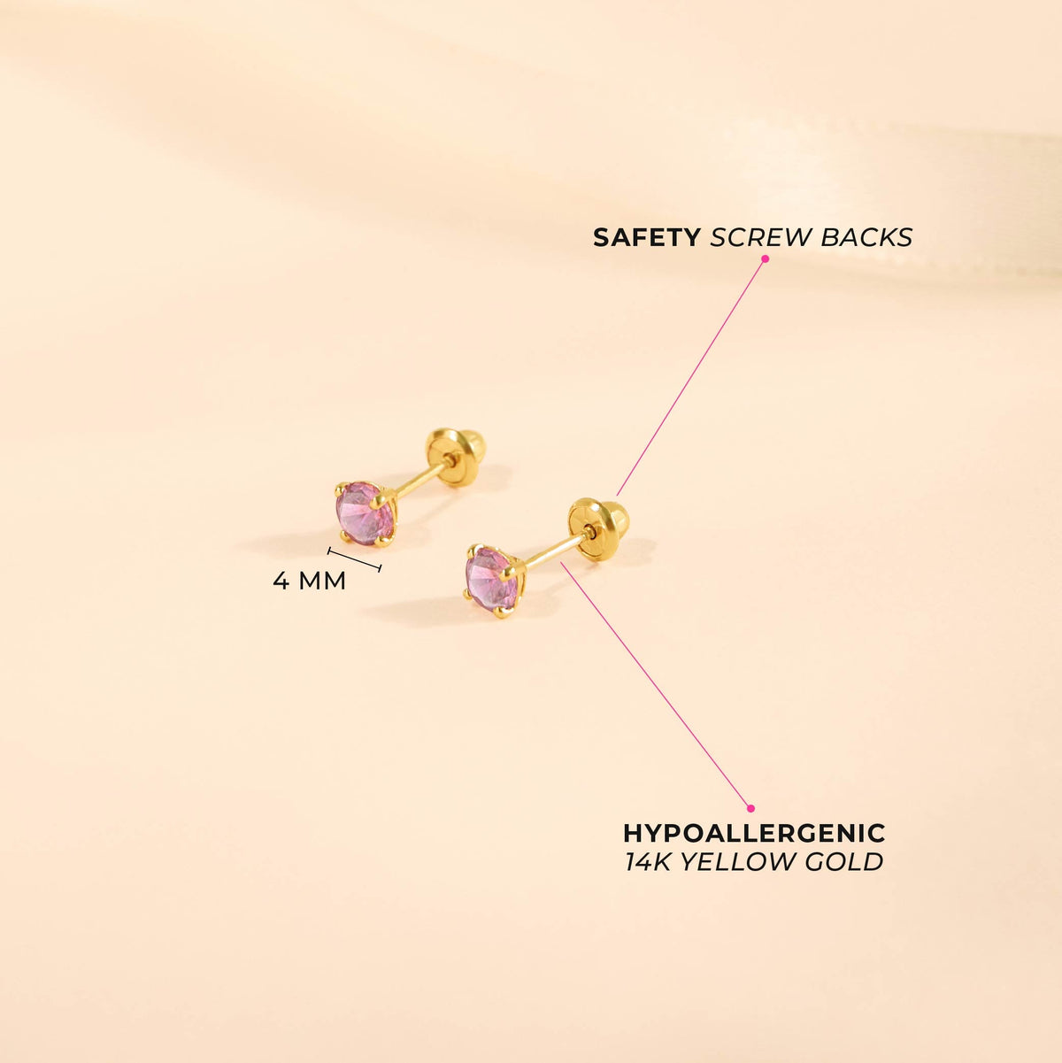 14k Gold 4 Prong Simulated Baby / Toddler / Kids Earrings Safety Screw Back