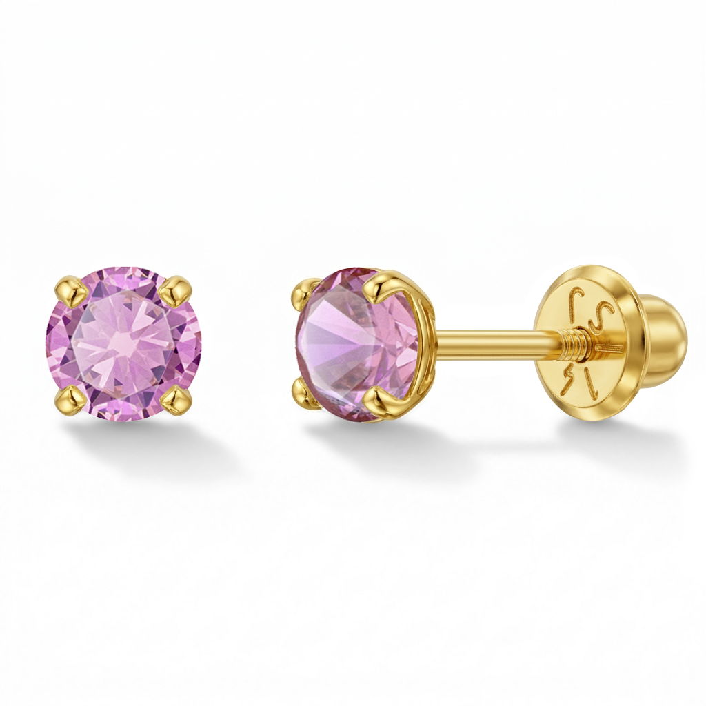 14k Gold 4 Prong Simulated Baby / Toddler / Kids Earrings Safety Screw Back