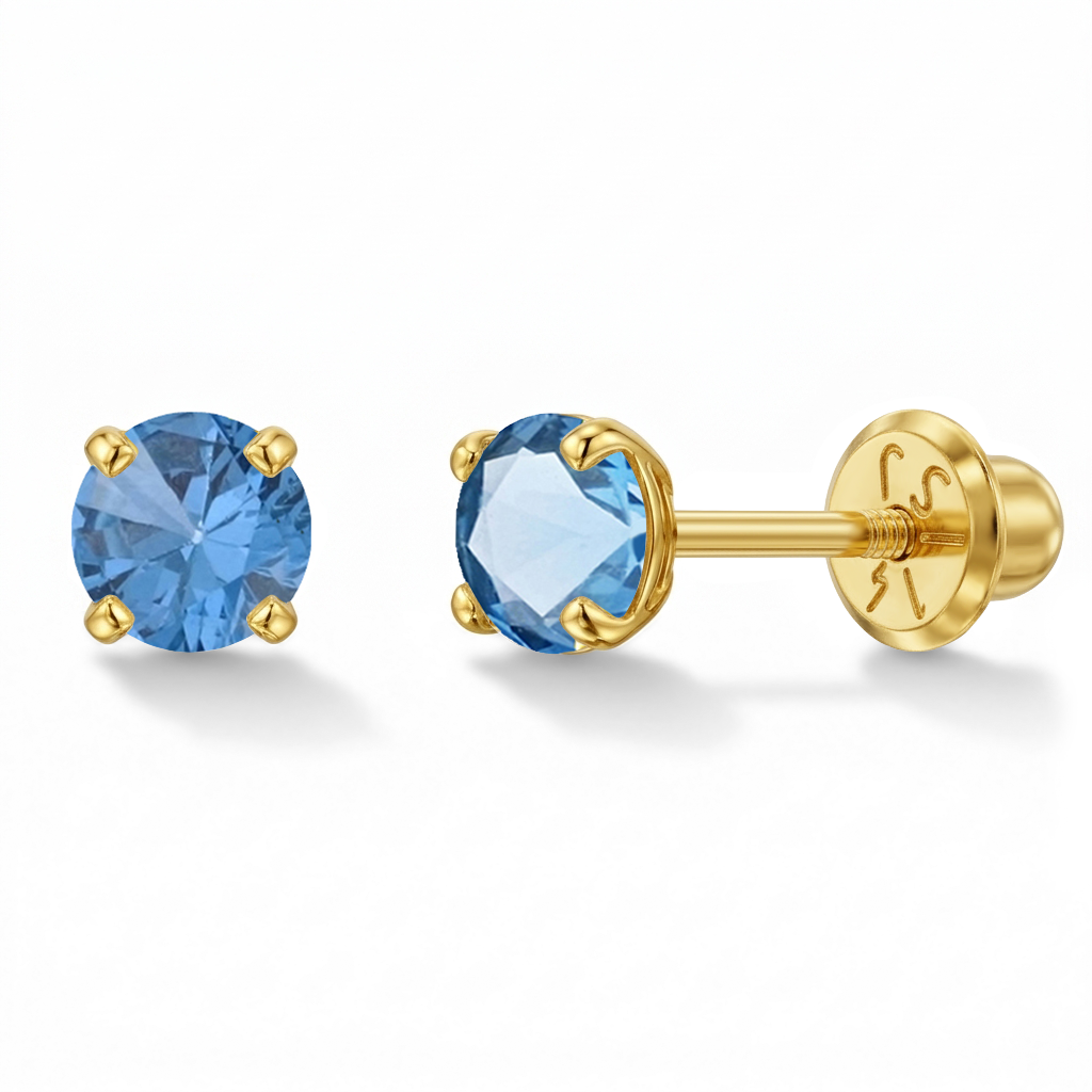 14k Gold 4 Prong Simulated Baby / Toddler / Kids Earrings Safety Screw Back