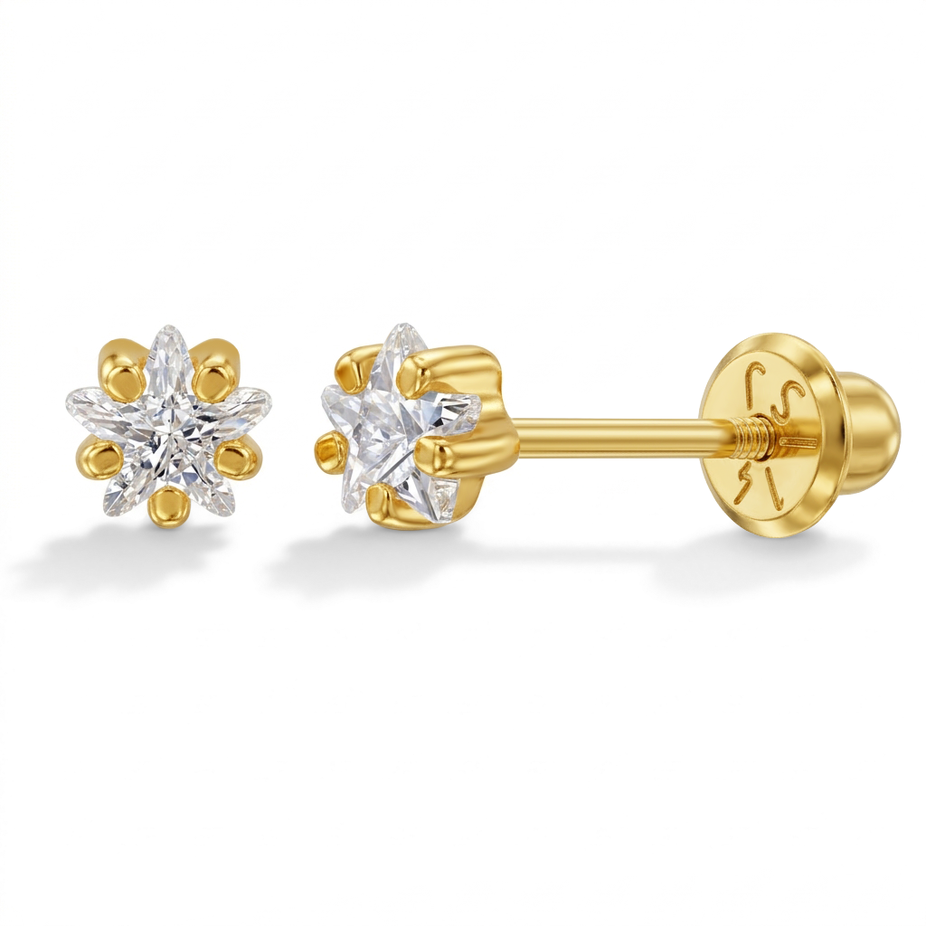 Star Pronged Cubic Zirconia Kids / Children's / Girls Earrings Safety Screw Back