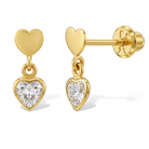 14k Gold CZ Heart Dangle Kids / Children's / Girls Earrings Safety Screw Back