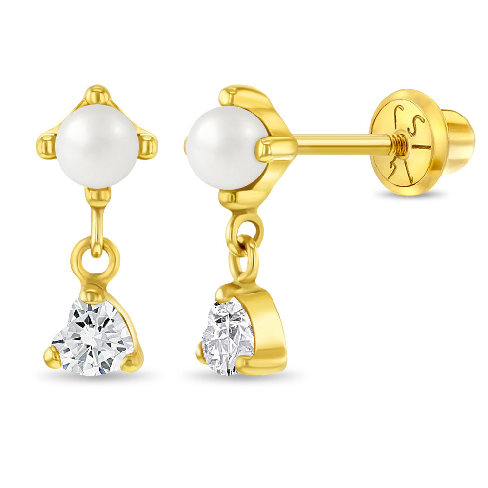 14k Gold Dangle Heart CZ & Freshwater Pearl Kids / Preteen / Teen Earrings