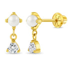 14k Gold Dangle Heart CZ & Freshwater Pearl Kids / Preteen / Teen Earrings