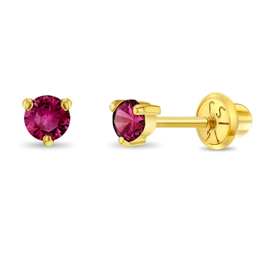 14k Gold Ruby Three Pronged Kids / Preteen / Teen Earrings