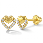 14k Gold CZ Puffed Heart Kids / Children's / Girls Earrings Safety Screw Back