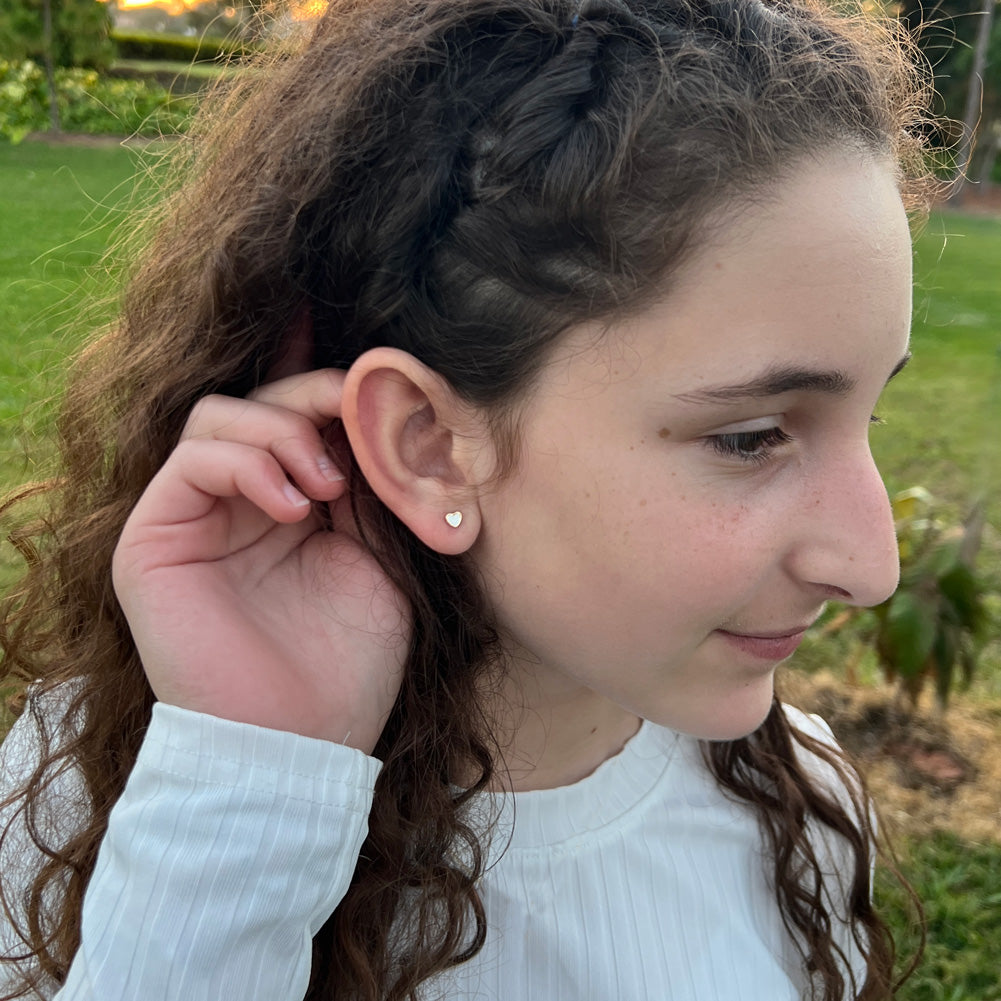 18k Gold Mother of Pearl Heart Baby / Toddler / Kids Earrings Safety Screw Back Bezel