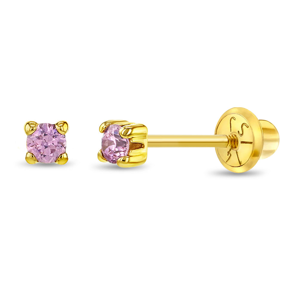 14k Gold 4 Prong CZ Solitaire 2-3mm Baby / Toddler / Kids Earrings Safety Screw Back