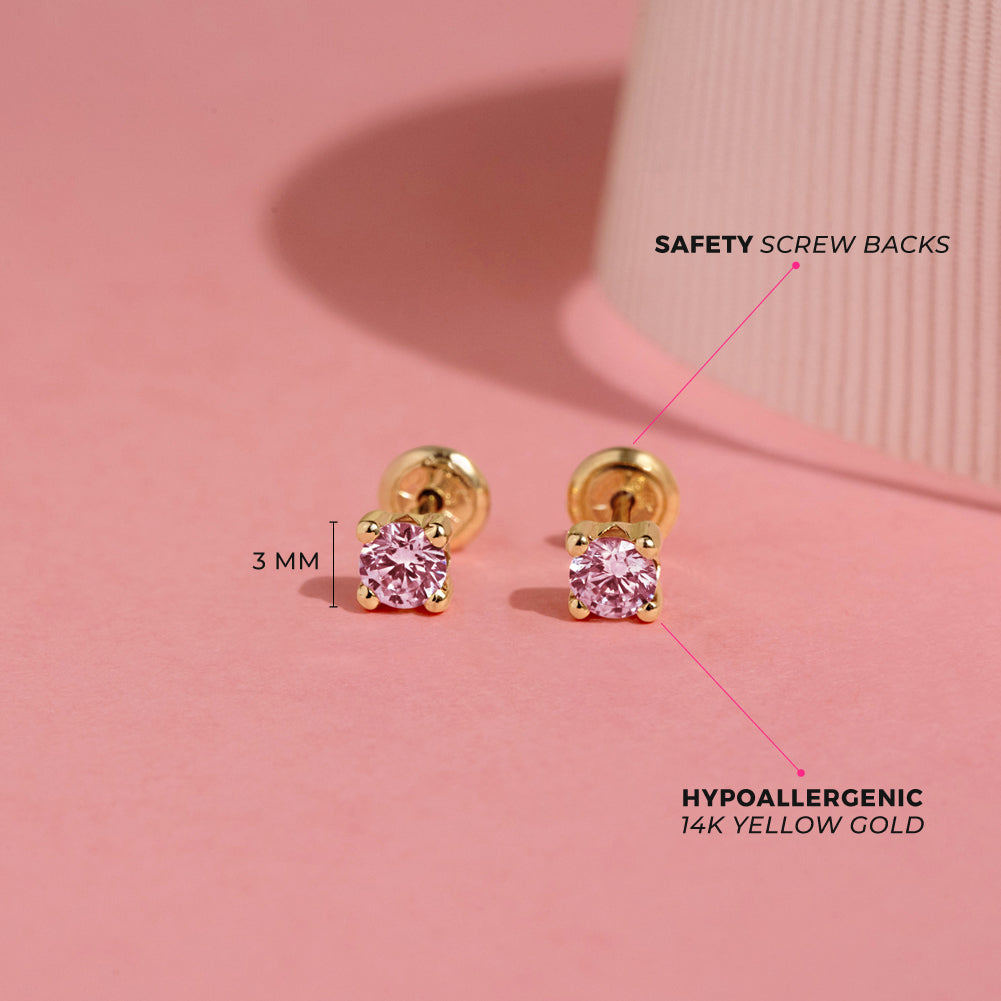 14k Gold 4 Prong CZ Solitaire 2-3mm Baby / Toddler / Kids Earrings Safety Screw Back