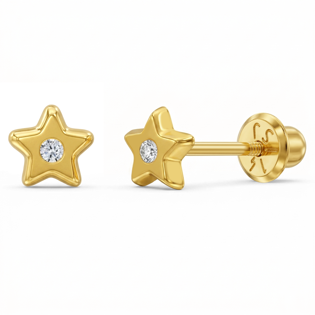14k Gold Polished CZ Star Baby / Toddler / Kids Earrings Safety Screw Back