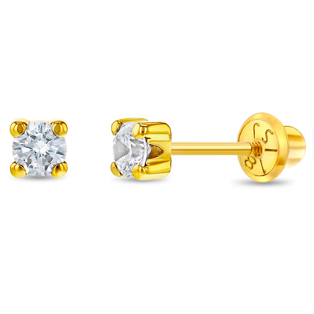 18k Gold 4 Prong CZ Solitaire 2-5mm Baby / Toddler / Kids Earrings Safety Screw Back