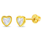 18k Gold Mother of Pearl Heart Baby / Toddler / Kids Earrings Safety Screw Back Bezel