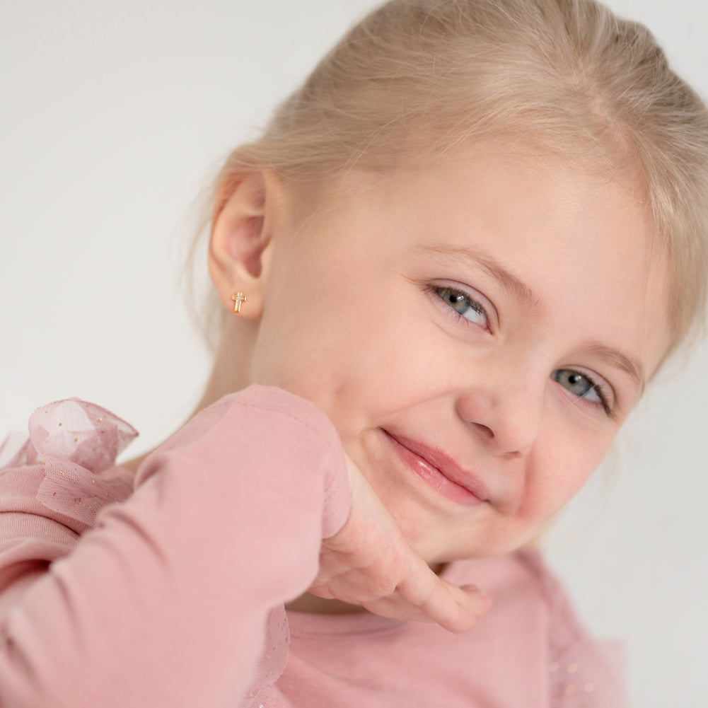 14k Gold Mother of Pearl Cross Kids / Children's / Girls Earrings Safety Screw Back