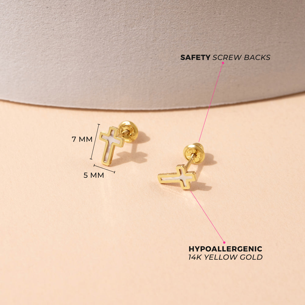 14k Gold Mother of Pearl Cross Kids / Children's / Girls Earrings Safety Screw Back