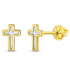 14k Gold Mother of Pearl Cross Kids / Children's / Girls Earrings Safety Screw Back