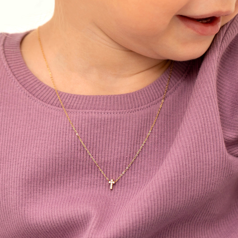 14k Gold Dainty CZ Cross 16" Kids / Children's / Girls Pendant/Necklace