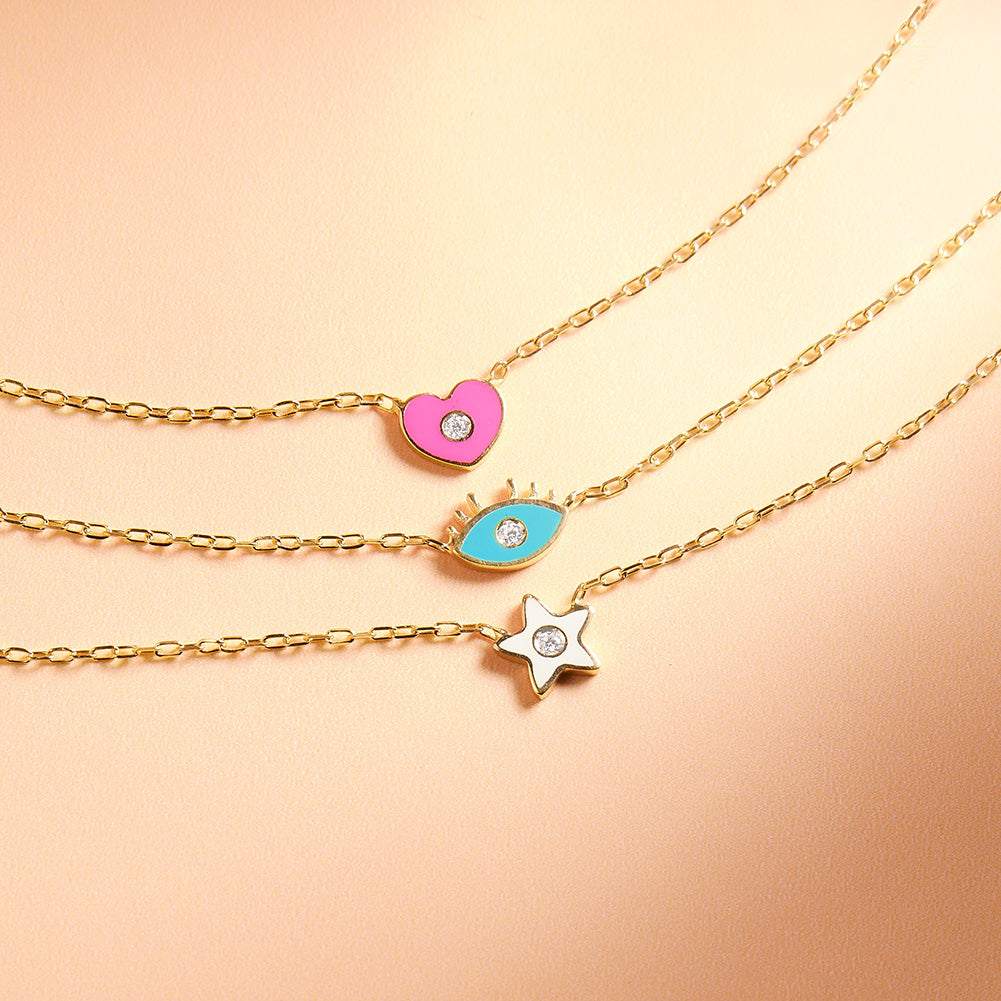 14k Gold Enamel Star Clear CZ 14" Preteen / Teen Necklace Enamel