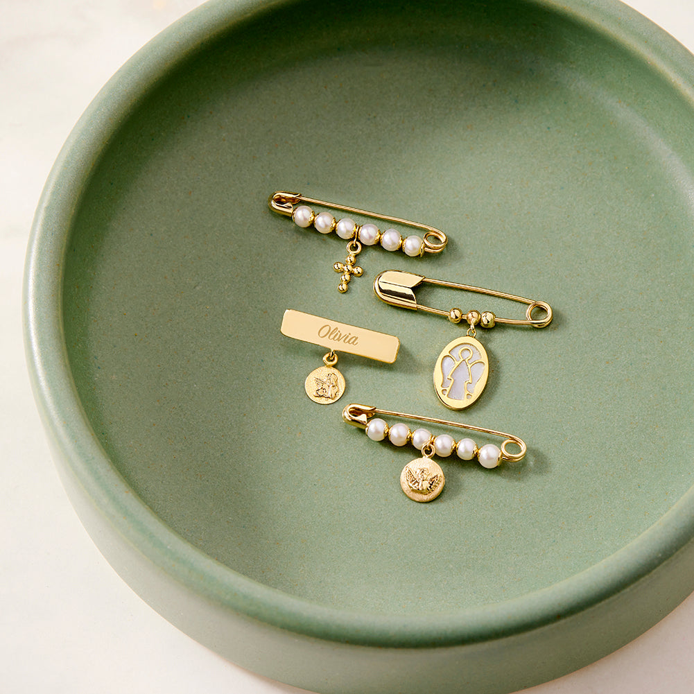 Polished Cross Charm Safety Pin Brooch - 14k Gold