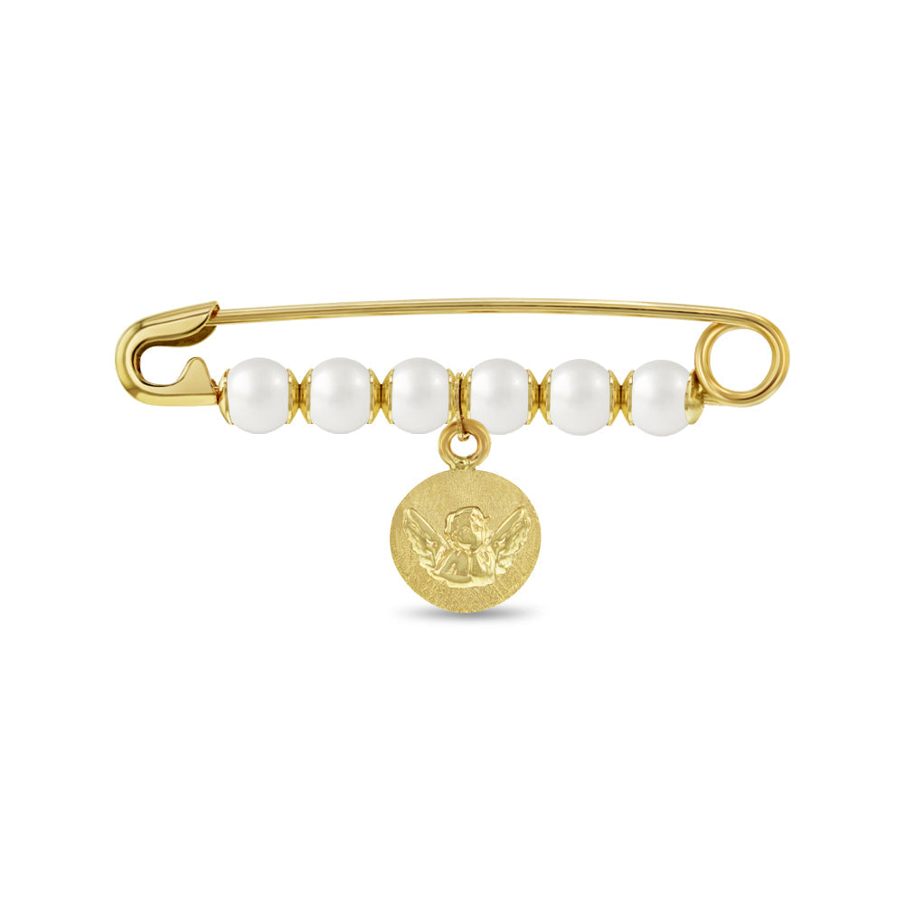 14k Gold Guardian Angel Freshwater Cultured Pearl Baby / Toddler / Kids Safety Pin Brooch